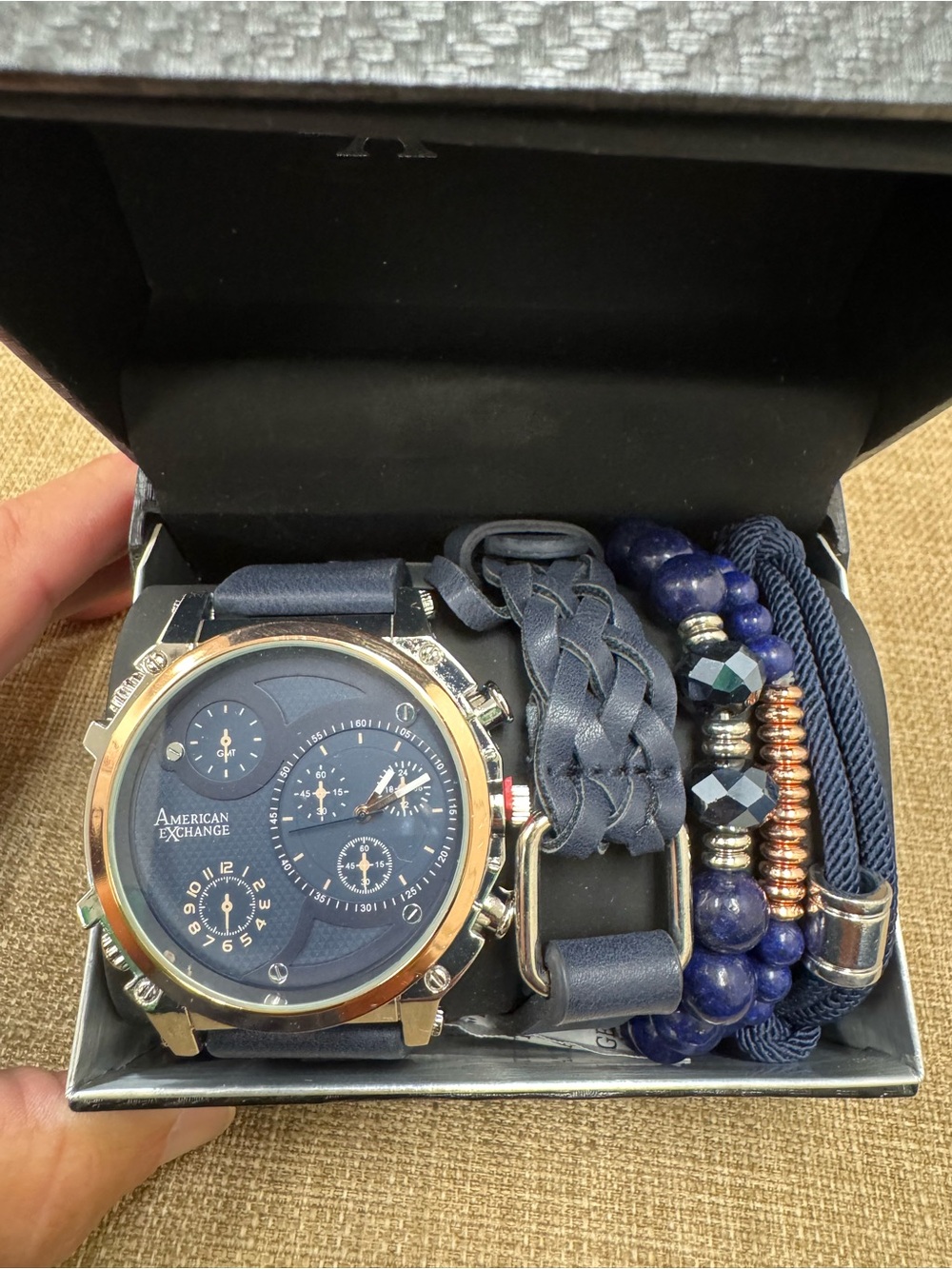 American Exchange Men’s Quartz Analog Blue Dial Leather Strap Watch Gift Set Box